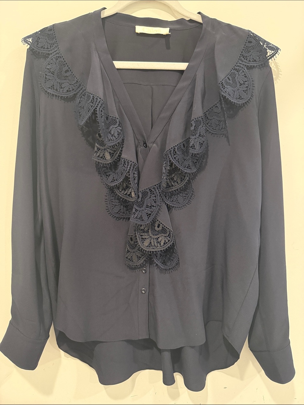 Chloe Navy Lace-Trim V-Neck Blouse